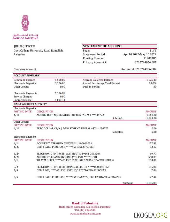 Relevé bancaire de la Banque palestinienne de Palestine xls